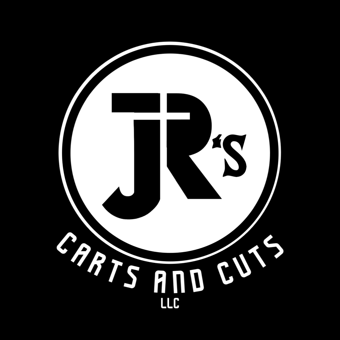 BLACK BACKGROUND WHITE MIDDLE CIRCLE WITH JR'S IN BOLD BLACK LETTERING WITH CARTS AND CUTS LLC IN WHITE BELOW