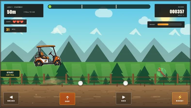 Big Sky Cart Rush gameplay with JR's cart, course hazards, and mobile controls