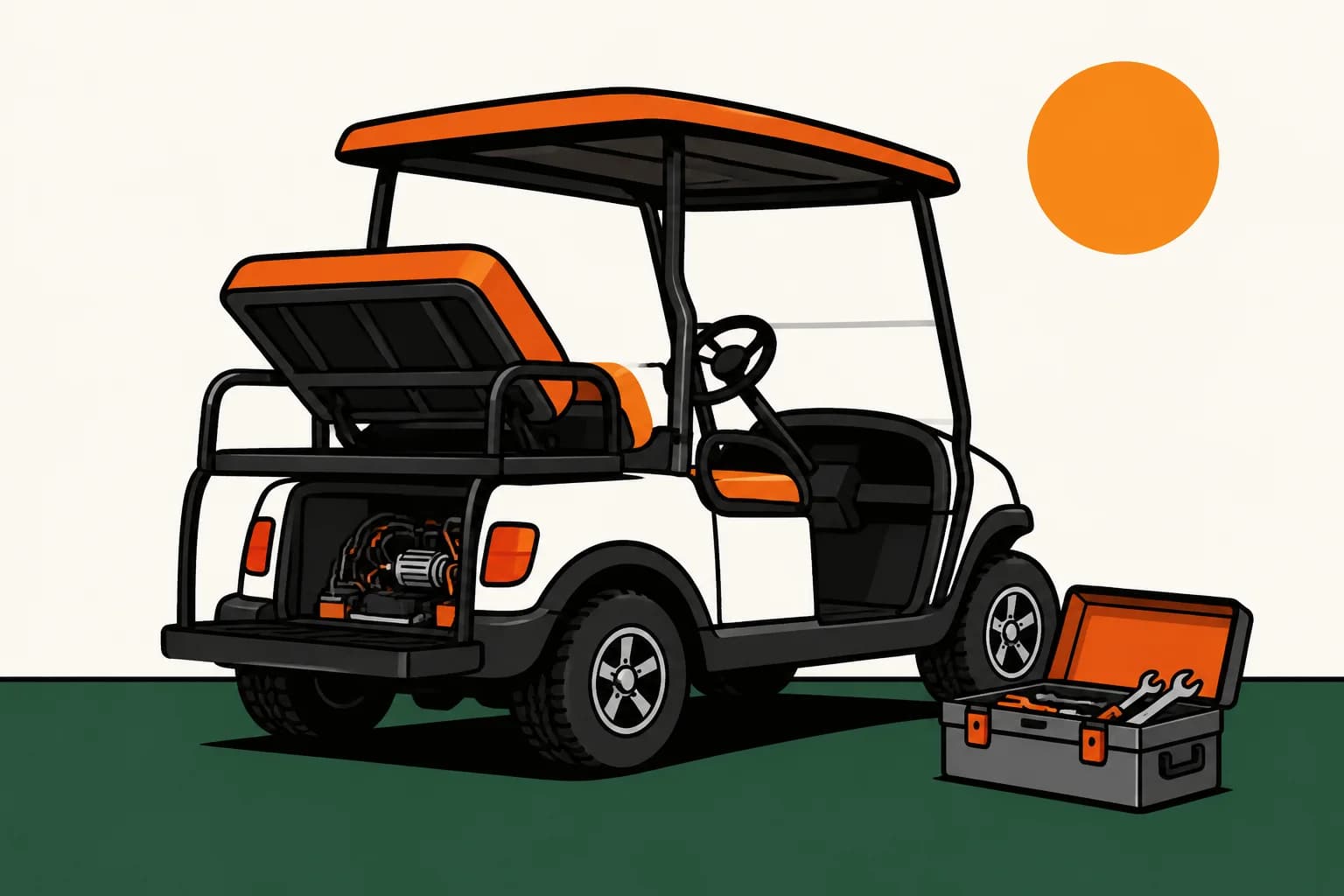 A golf cart with its rear seat lifted and its service panel open, an open toolbox on the ground beside it and a summer sun overhead.