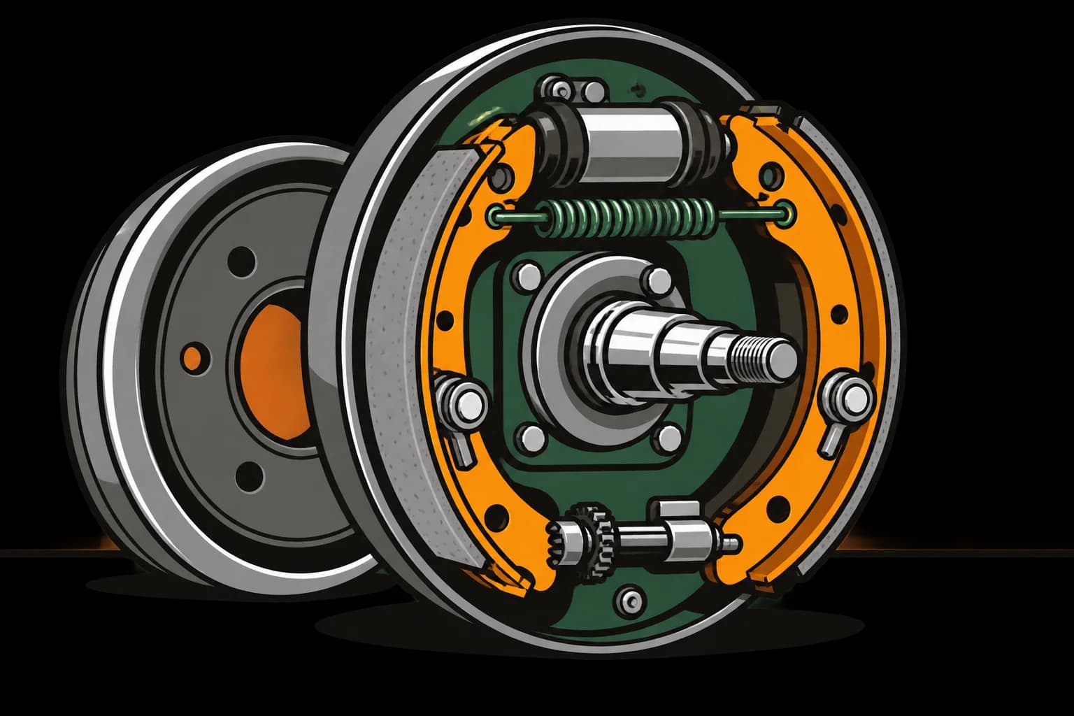 A cutaway drawing of a golf cart drum brake, the drum pulled away to show the curved brake shoes and the spring between them.
