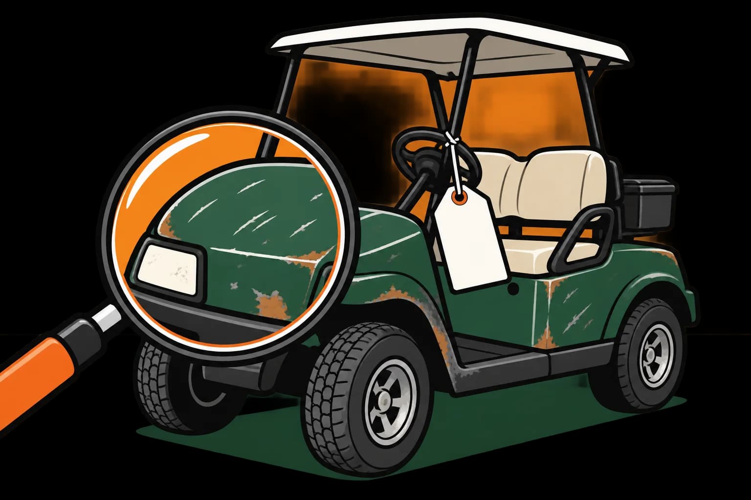 A magnifying glass held up to the front of a used golf cart that has a blank hang tag tied to it.