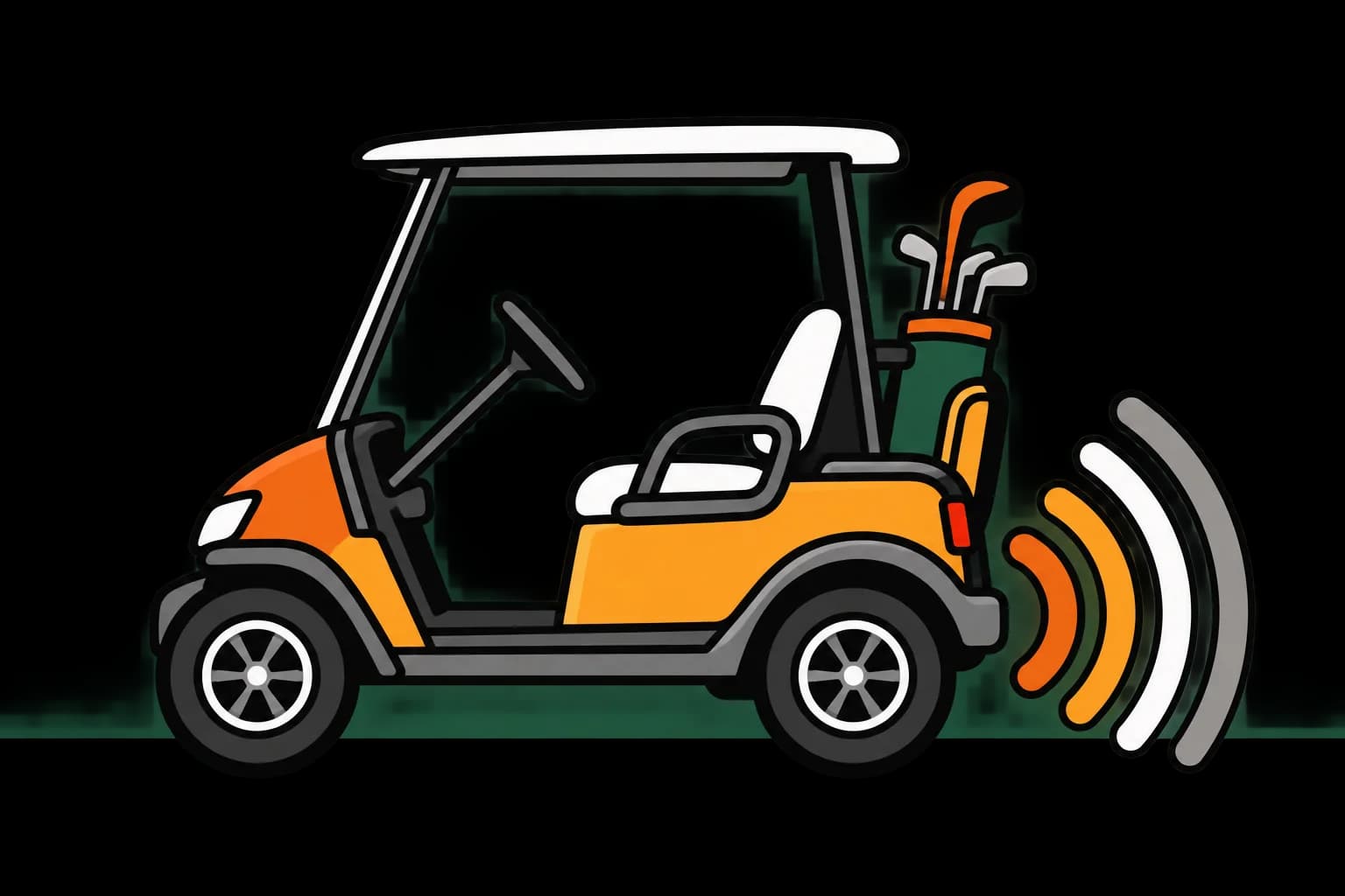 A golf cart drawn from the side with curved sound arcs coming off the rear wheel.