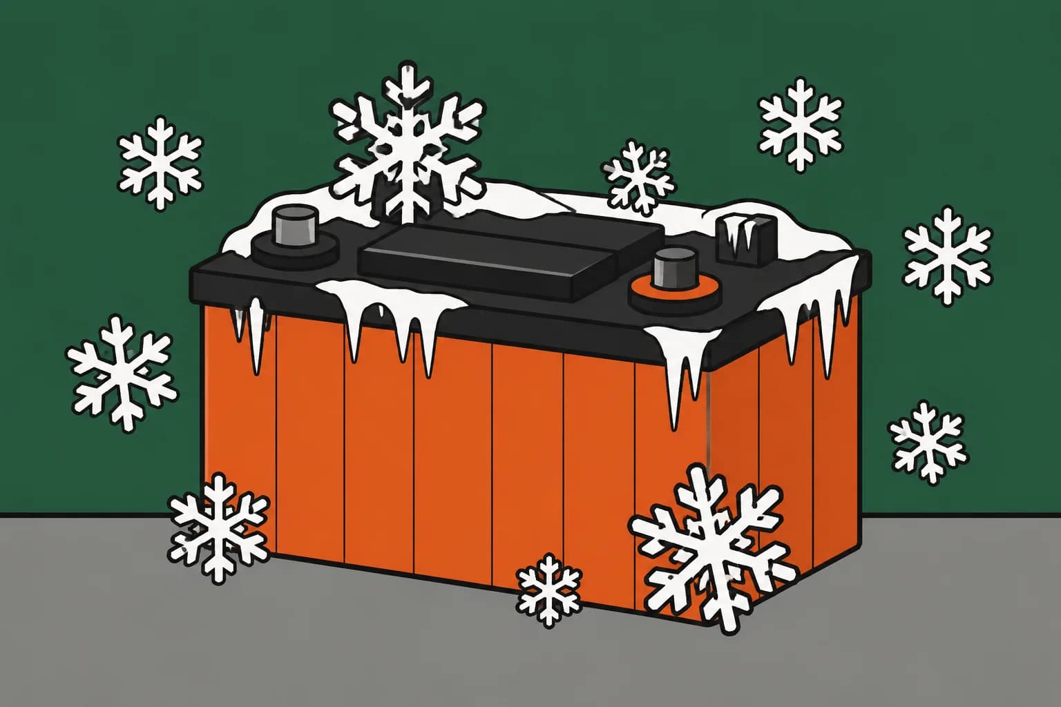 A golf cart battery covered in snow and icicles with snowflakes falling around it.