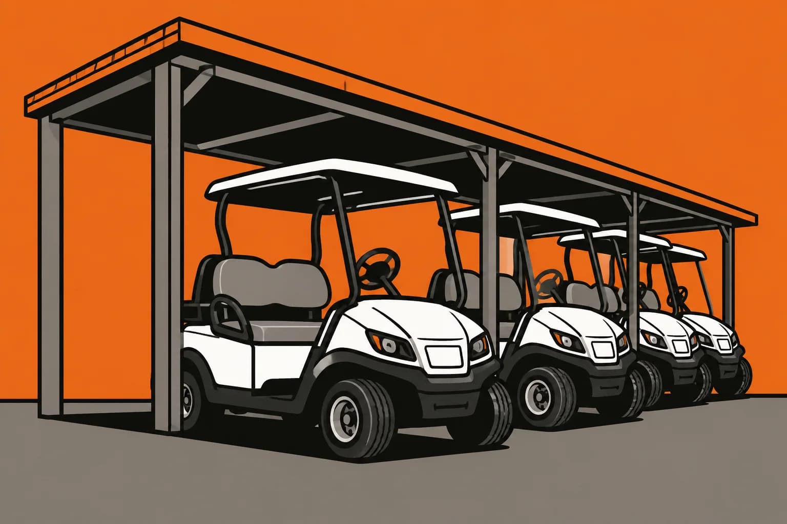 A row of golf carts parked under an open sided storage barn.