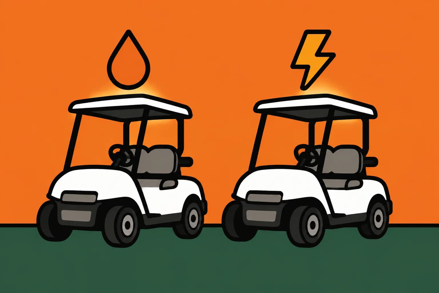 Two identical golf carts side by side, a fuel droplet floating above the left one and a lightning bolt above the right one.