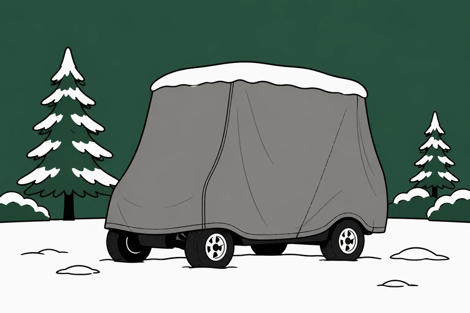A gas golf cart with its engine bay open and a fuel can standing beside it, snow on the ground and pines behind.
