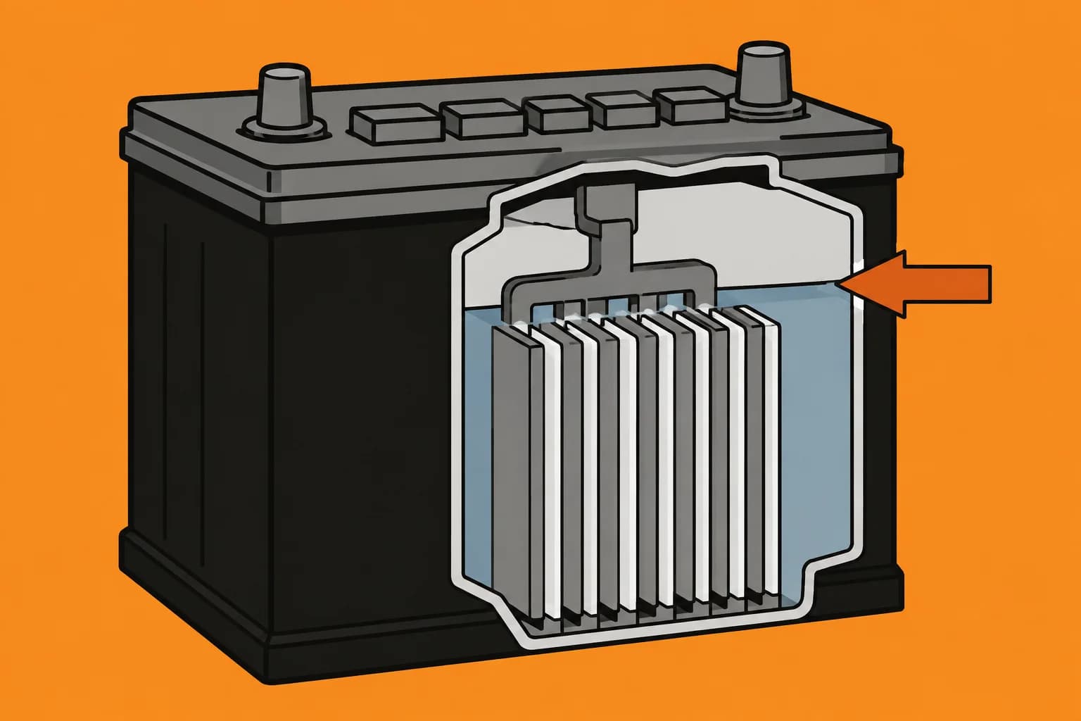 A cutaway drawing of a lead acid battery showing the internal plates and an arrow marking the correct electrolyte level.