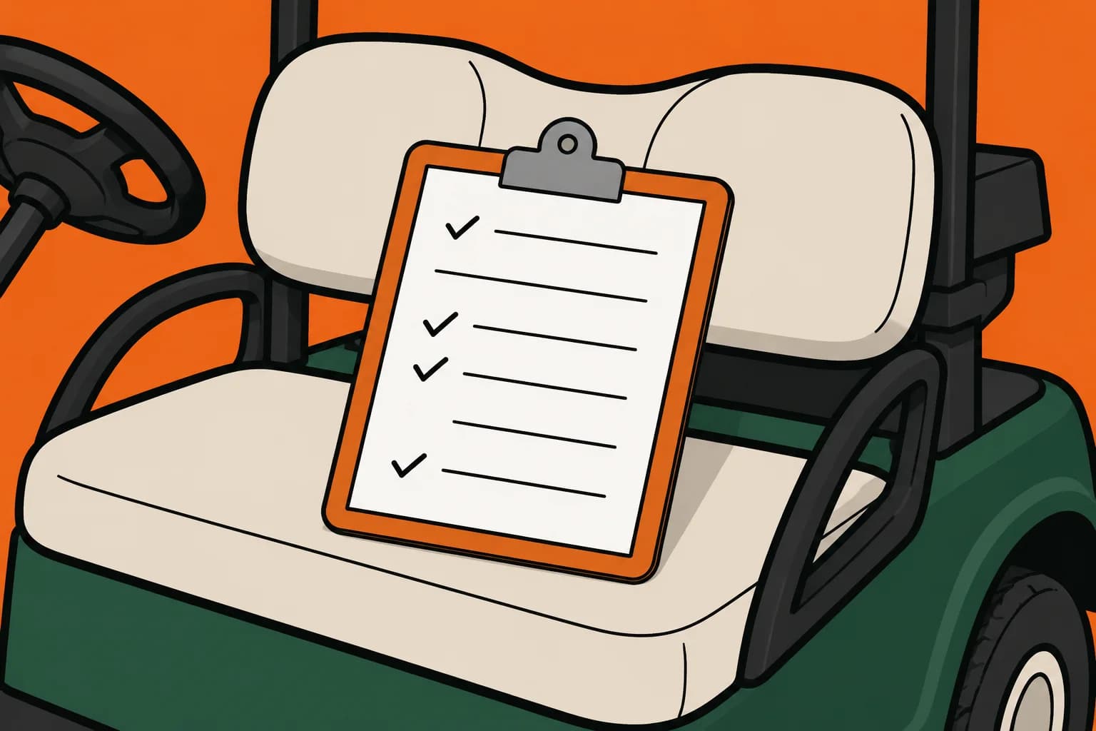 A clipboard holding a ticked checklist propped up on the seat of a golf cart.