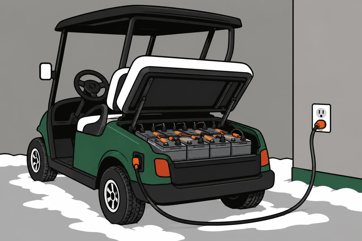 A green golf cart with its seat lifted to show the battery pack, plugged into a wall outlet, snow on the ground.