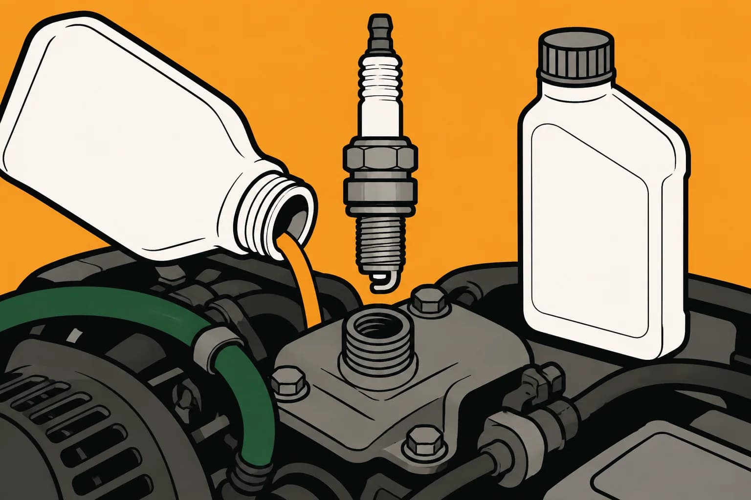 Oil being poured into a small engine, with a spark plug and a bottle of oil standing beside it.