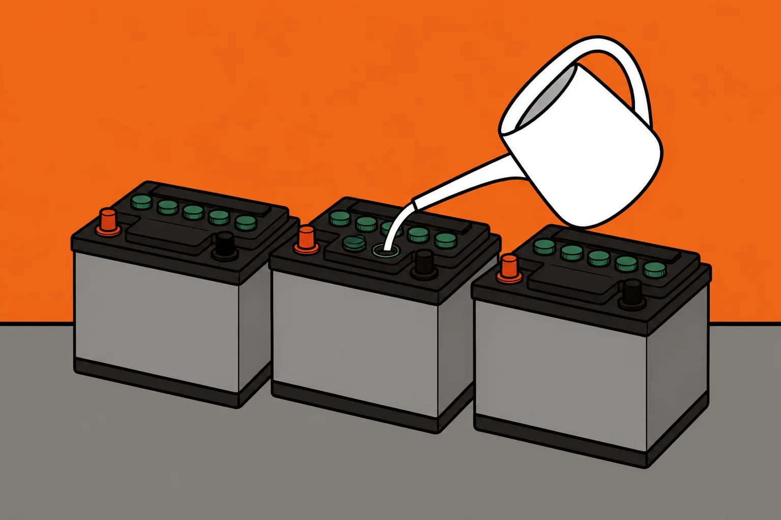 Three lead acid golf cart batteries side by side with a watering jug topping one of them up.