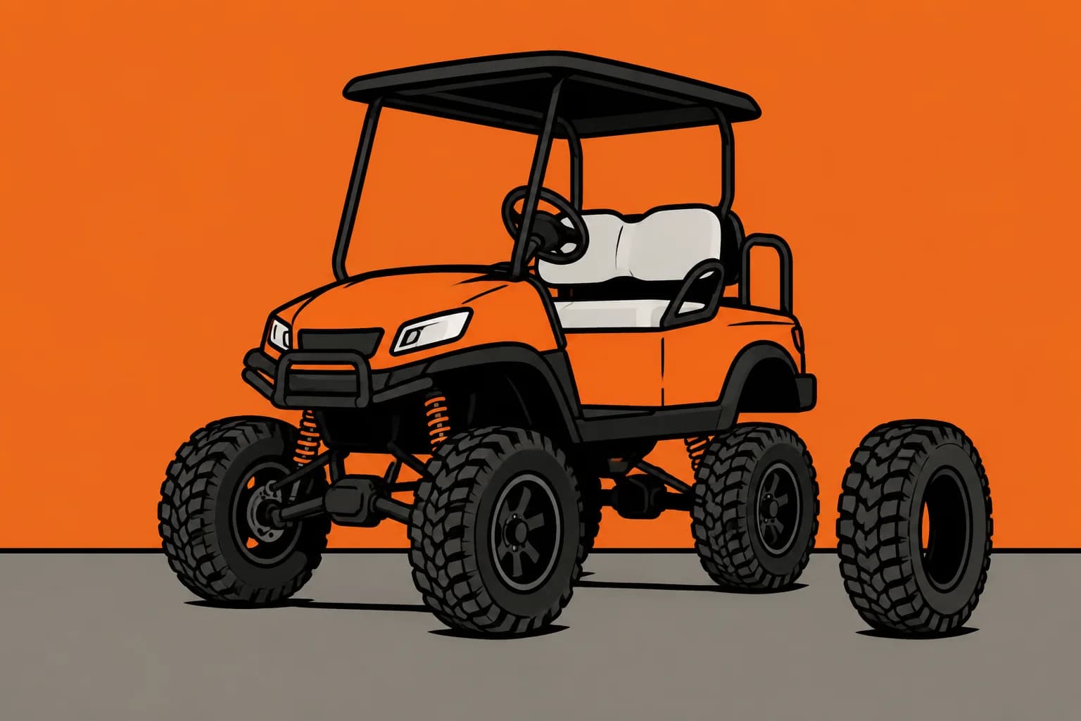 A lifted golf cart on oversized knobbly tires with a spare tire standing on the ground beside it.