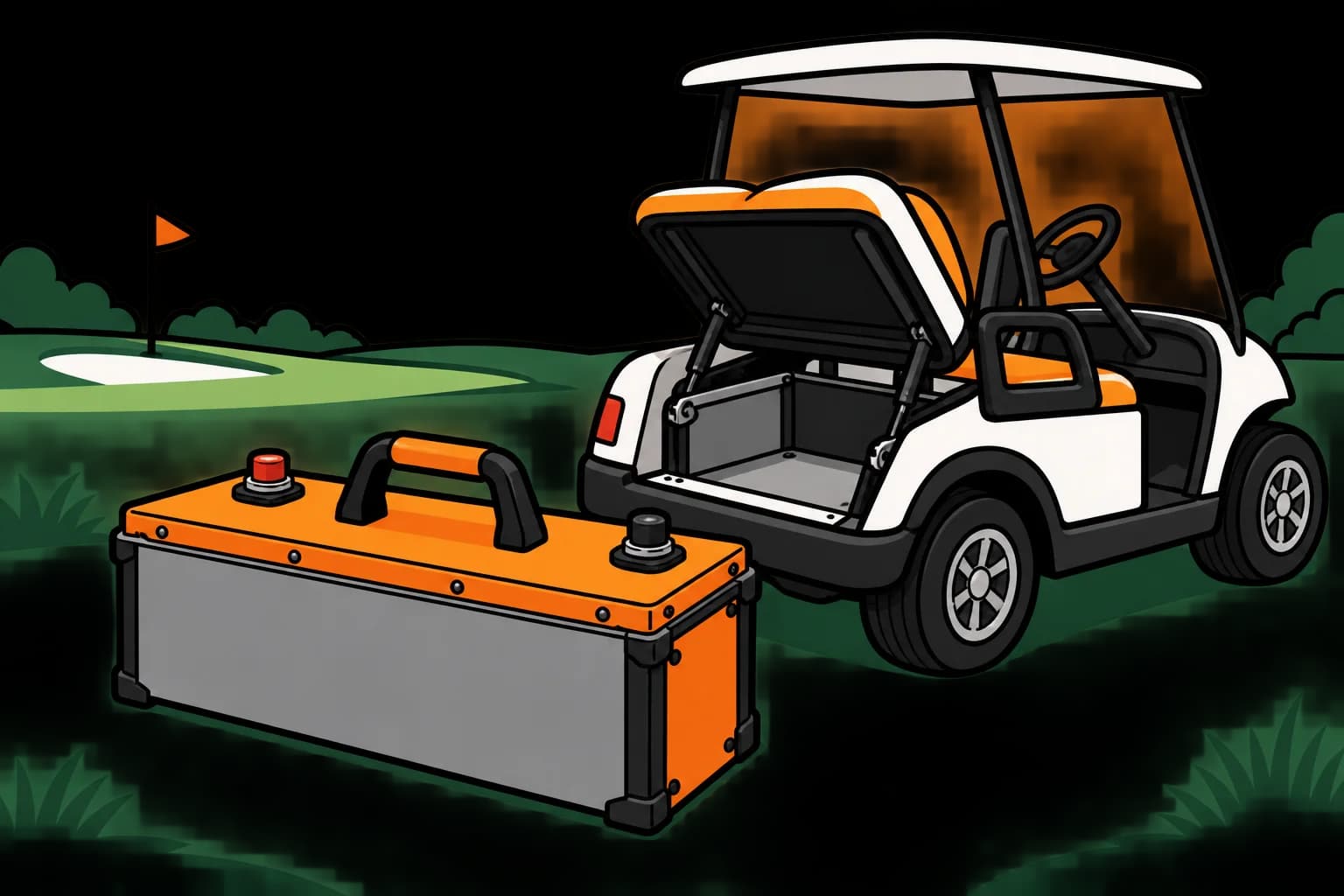 A lithium battery pack sitting on the grass in front of a golf cart whose seat is lifted to show the empty battery bay.