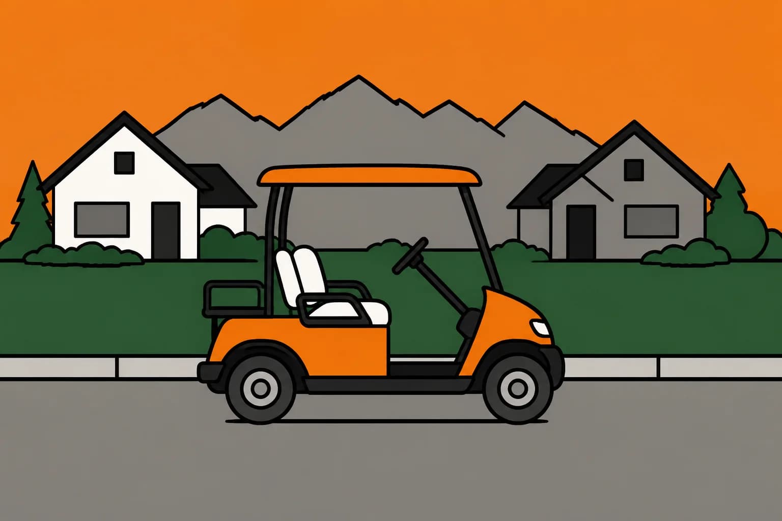 A golf cart on a small town street with houses either side and mountains on the horizon.