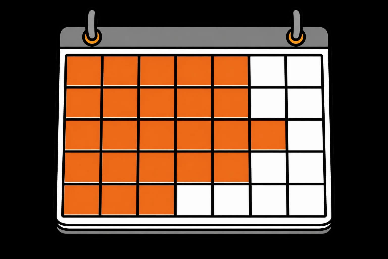 A wall calendar with most of its squares filled in solid orange and only a few left blank.