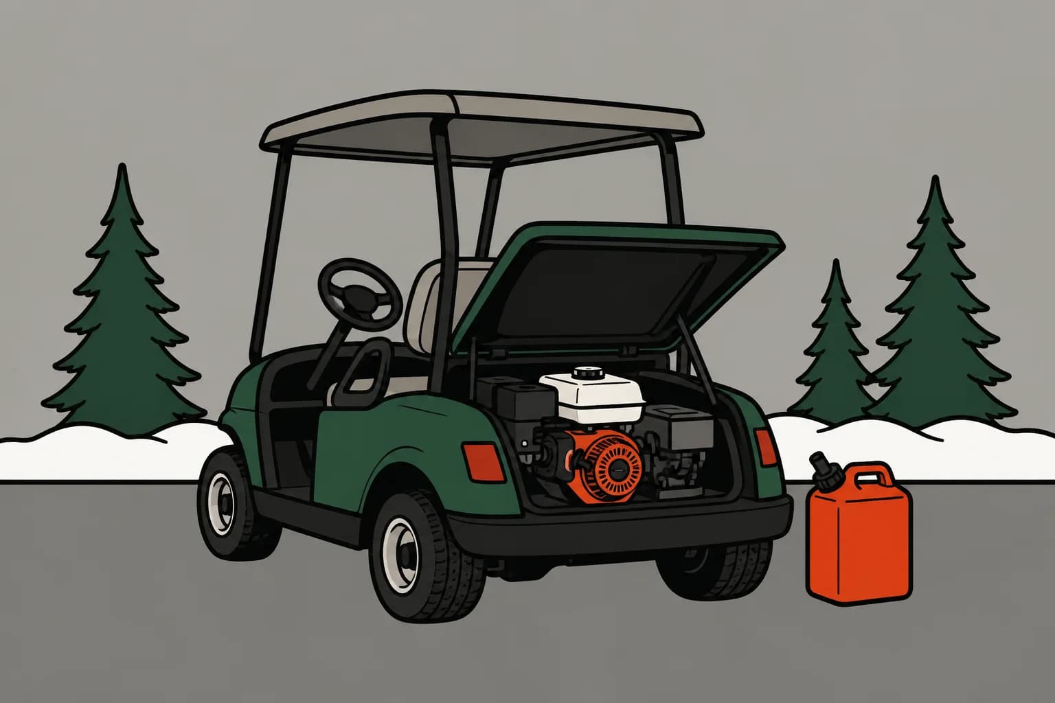 A golf cart parked outdoors under a fitted cover, snow on the ground and pines behind it.