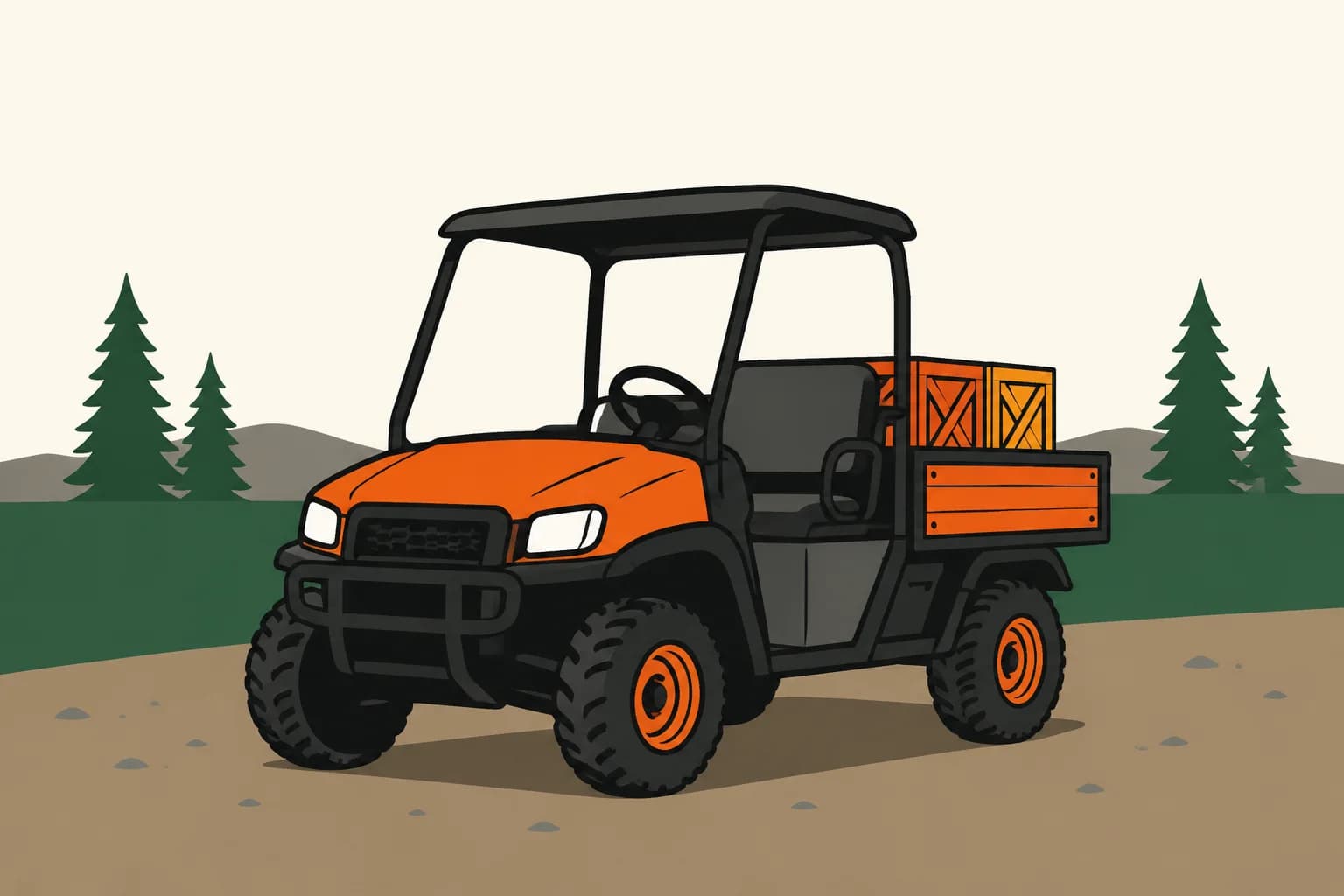A utility golf cart with a cargo bed at the back, parked on a dirt track with low hills and pines behind it.