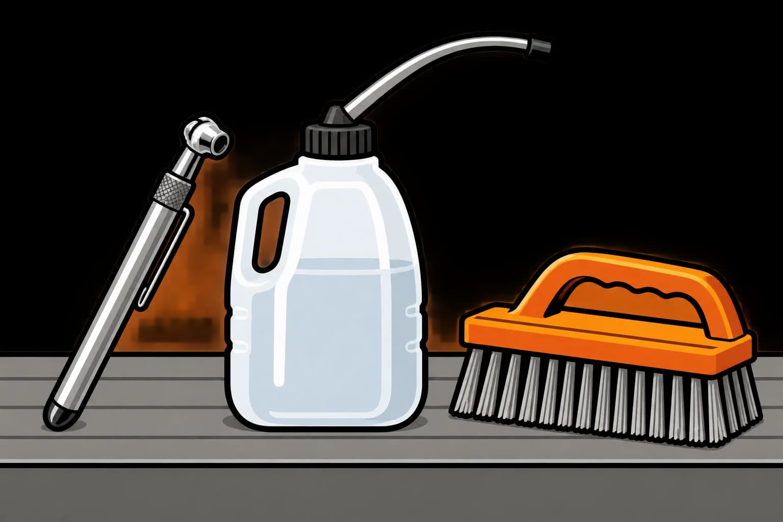 A tire pressure gauge, a jug of distilled water and a scrub brush laid out in a row on a bench.
