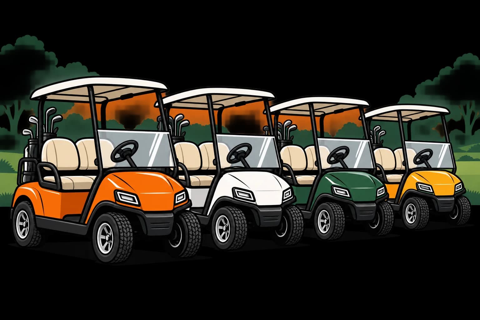 Four golf carts lined up in a row with clubs in the back, one orange, one white, one green and one yellow.