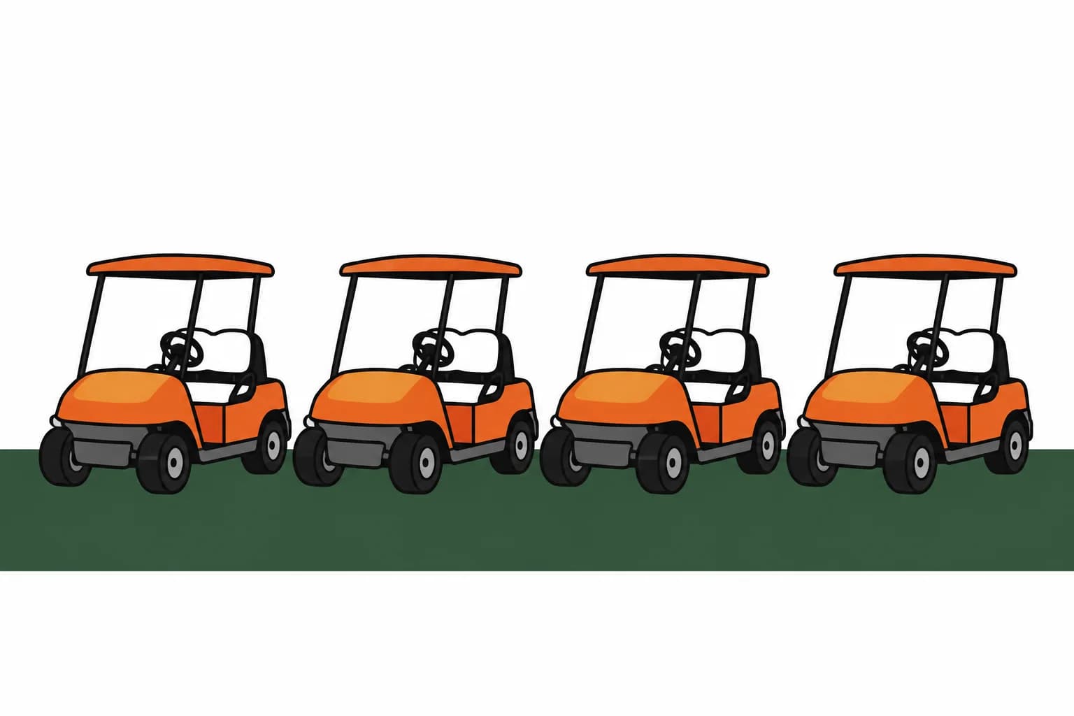Four golf carts lined up in a row, cleaned up and ready for the season.