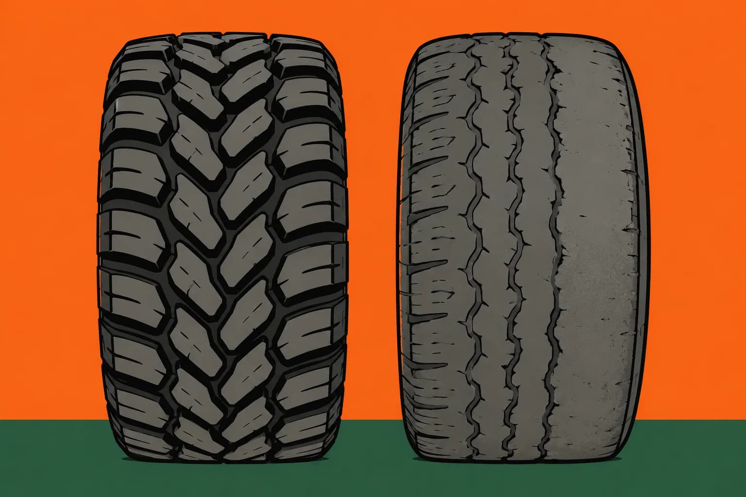 Two golf cart tires side by side seen head on, the left one with deep chunky tread and the right one worn nearly smooth.