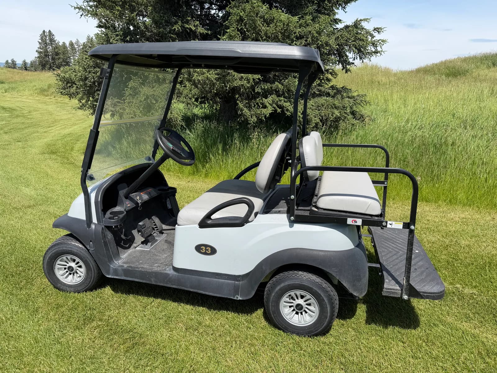 A white four seater Club Car with a rear flip seat and cargo deck, parked on mown grass in front of pines and tall summer grass.