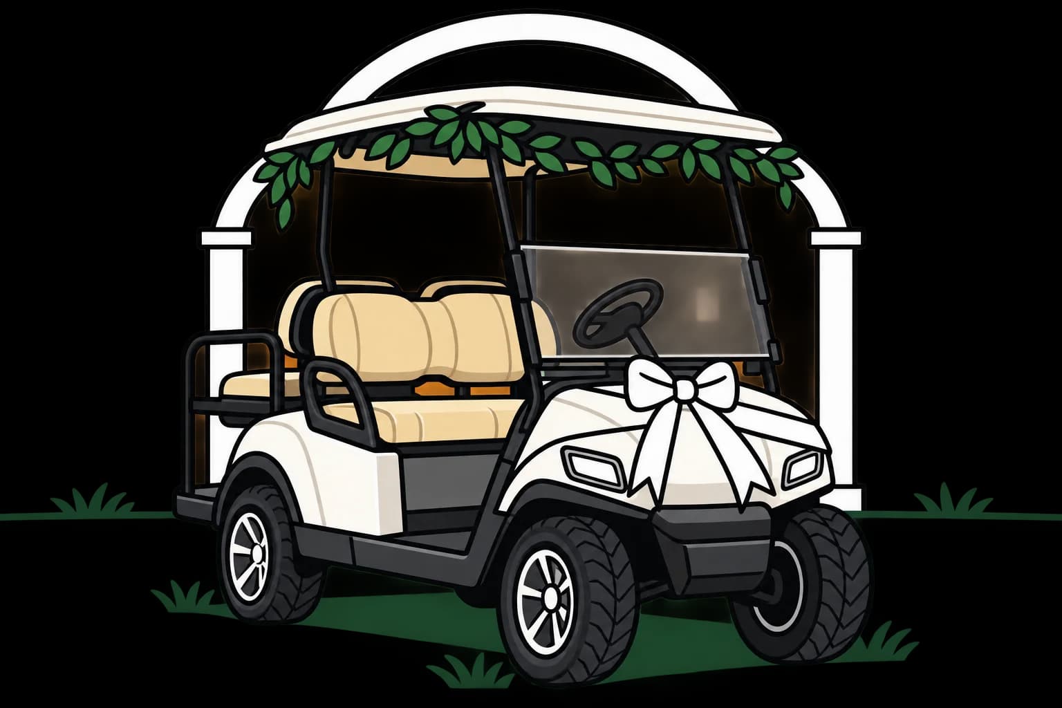 A white golf cart decorated with a garland along its roof and a ribbon bow on the front, parked under a white arch.