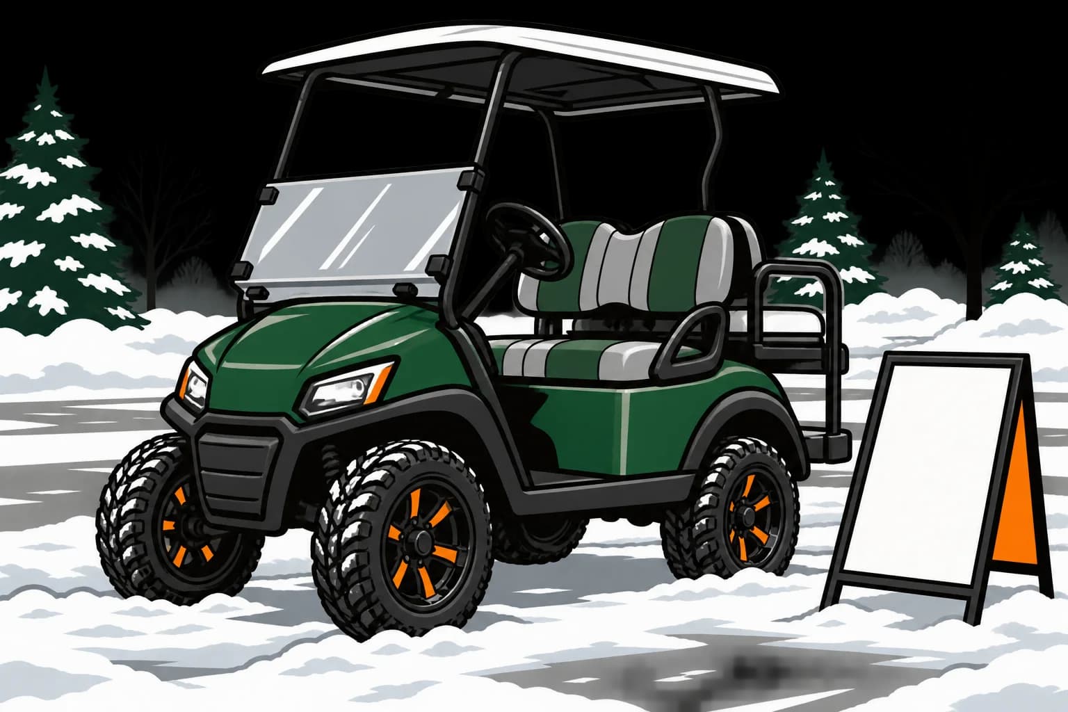 A golf cart parked in snow beside a blank sign board, bare trees behind it.