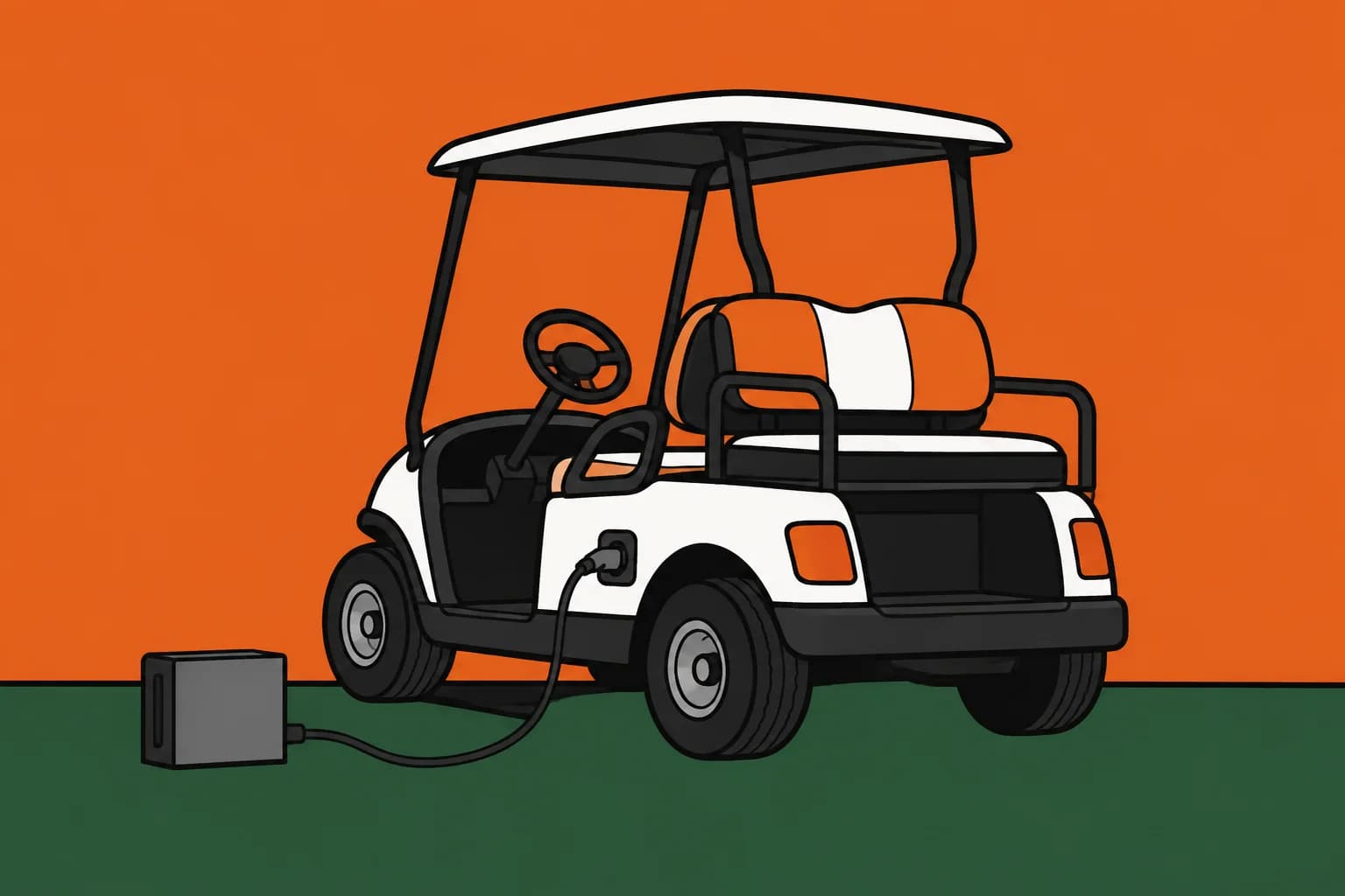 A golf cart plugged into a charger box sitting on the ground beside it.