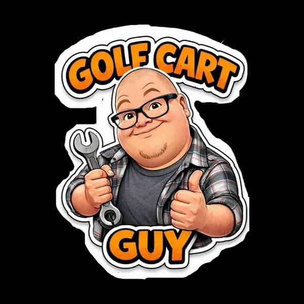 The Golf Cart Guy sticker: a cartoon of Jared in glasses and a plaid shirt, holding a wrench and giving a thumbs up, with GOLF CART GUY lettered around him in orange.