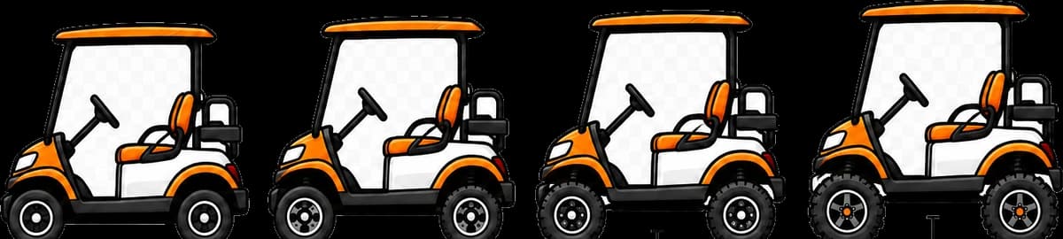 Four golf carts side by side, each sitting higher on larger tires than the last